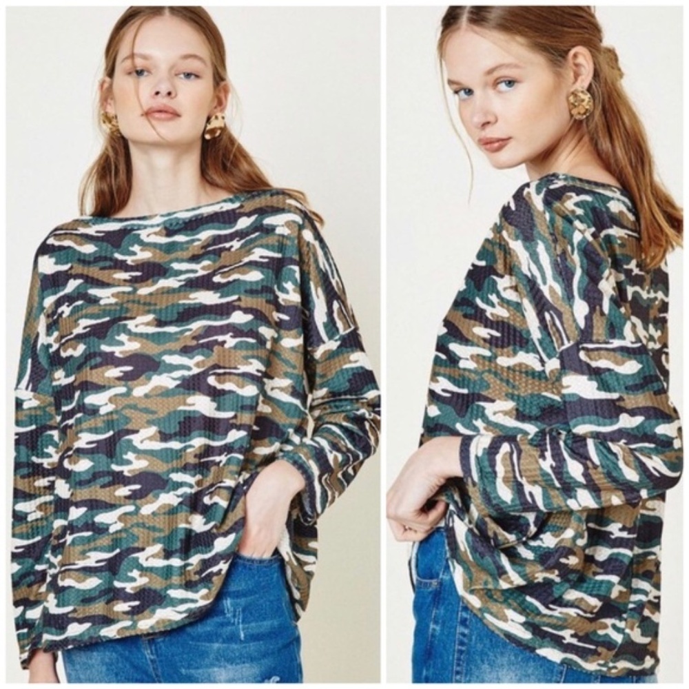 CLEARANCE Green Camo Long Sleeve Waffle Knit Top